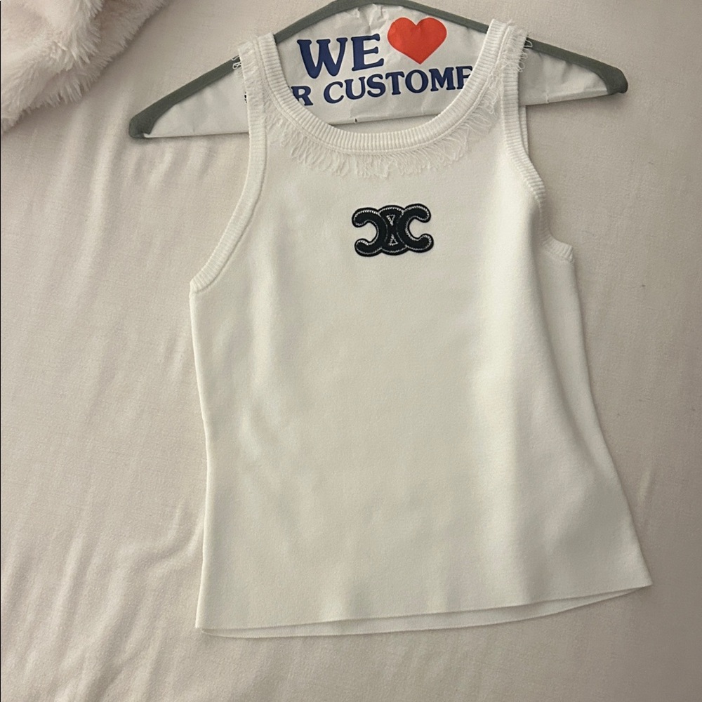Celine White Girls' Sleeveless Tank with Navy Embroidered Logo